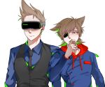  2boys animification antenna_hair bandaged_neck bandages black_necktie black_vest blue_coat blue_shirt brown_hair cigar coat collared_shirt commentary_request drawstring eddsworld eko_endure expressionless eyepatch flipped_hair future_tom_(eddsworld) hair_behind_ear hair_ears head-mounted_display height_difference holding holding_cigar hood hood_down hoodie korean_commentary lcd long_sleeves looking_at_viewer male_focus military_coat military_uniform multiple_boys name_tag necktie plain_epaulettes protected_link red_eyes red_hoodie red_leader_(eddsworld) shirt short_hair simple_background spiked_hair tom_(eddsworld) tord_(eddsworld) vest white_background 