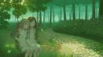  2girls blonde_hair blue_eyes brown_hair closed_eyes commentary_request dappled_sunlight dress forest highres holding_hands long_hair multiple_girls nature on_swing original outdoors shade sundress sunlight swing tonht tree tree_shade white_dress 