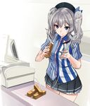  akasaai alternate_costume barcode_scanner blouse blue_eyes cash_register convenience_store employee_uniform hair_between_eyes highres kantai_collection kashima_(kantai_collection) lawson long_hair looking_at_viewer miniskirt pleated_skirt scanner shop silver_hair skirt smile solo_focus store_clerk twintails uniform 