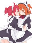  2girls a.i._voice adachi_rei apron black_dress closed_eyes commentary cowboy_shot dress drill_hair enmaided frilled_apron frills highres imminent_kiss kasane_teto komori_kamome long_sleeves looking_at_another maid maid_headdress multiple_girls orange_eyes orange_hair red_hair short_dress standing twin_drills utau white_apron yuri 