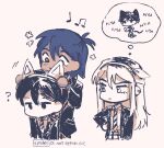  1girl 2boys ? alternate_costume alternate_hairstyle alternate_universe animal_ear_hairband animal_ears artist_name aubrey_(faraway)_(omori) aubrey_(omori) cat_boy cat_ears cat_tail chibi chibi_only closed_mouth collared_shirt commentary diagonal-striped_clothes diagonal-striped_necktie ear_piercing english_commentary fake_animal_ears greyscale hairband hand_on_own_hip kel_(faraway)_(omori) kel_(omori) kiisaes long_hair long_sidelocks long_sleeves looking_at_another monochrome multicolored_hair multiple_boys musical_note necktie no_mouth omori piercing roots_(hair) school_uniform shirt short_hair sidelocks simple_background sketch speech_bubble striped_clothes striped_necktie suit sunny_(omori) tail thought_bubble 