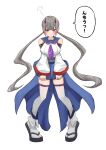  1girl :t annoyed arm_belt assault_lily bare_shoulders belt belt_buckle black_belt black_horns black_shirt blue_sailor_collar blunt_bangs blush breasts buckle clenched_hand closed_mouth commentary crop_top detached_sleeves fujita_asagao grey_hair highres horns layered_sleeves long_hair long_sleeves looking_at_viewer low_twintails mechanical_horns medium_breasts miniskirt multicolored_horns neckerchief odaiba_girls_high_school_uniform okobo pigeon-toed platform_sandals pout puff_of_air purple_neckerchief red_eyes red_horns sailor_collar sandals school_uniform serafuku shirt simple_background skirt sleeveless sleeveless_shirt solo speech_bubble standing tabi tearing_up thighhighs tiptoes translated twintails two-tone_horns undershirt v-shaped_eyebrows very_long_hair waist_cape washi-san white_background white_shirt white_sleeves white_thighhighs zettai_ryouiki 