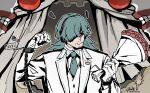  1boy atuhi black_eyes blue_hair blue_necktie bouquet brown_background chain closed_mouth collared_shirt cuffs curtains facial_hair flower genderswap genderswap_(ftm) gloves goatee_stubble hair_over_one_eye hand_up handcuffs hatsune_miku headset highres holding holding_bouquet jacket long_hair looking_at_object male_focus mature_male miku-oji mustache_stubble necktie red_flower red_rose rose shirt solo stubble suit upper_body vest vocaloid waistcoat wedding_suit white_gloves white_jacket white_shirt white_suit white_vest 