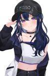  1girl absurdres black_hair choker hat highres ichinose_uruha ichinose_uruha_(8th_costume) jacket long_hair mclarenmp4_27 navel purple_eyes tank_top virtual_youtuber vspo! white_tank_top 