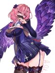  1girl arishika_01 black_bow black_dress black_garter_straps black_shrug bow breasts chest_belt commentary dress garter_straps hair_bow highres large_breasts mask medium_hair mouth_mask multiple_hair_bows pink_hair pointy_ears purple_eyes purple_wings remielle_dan shrug_(clothing) simple_background solo thighs white_background wings zenless_zone_zero 