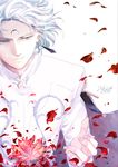  bishoujo_senshi_sailor_moon black_moon_clan cape crescent crystal_earrings dated earrings facial_mark flower forehead_mark highres jewelry male_focus petals prince_demande saki_(hxaxcxk) signature solo upper_body white_hair 