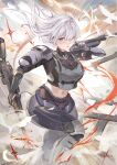  1girl absurdres ak-15 ak-15_(girls'_frontline) armor ass assault_rifle bird breastplate commentary_request english_commentary girls'_frontline girls'_frontline_2:_exilium grey_hair gun hair_over_one_eye highres holding holding_weapon kalashnikov_rifle leg_armor long_hair long_sleeves mixed-language_commentary navel open_mouth purple_eyes red_pupils rifle shoulder_armor solo tactical_clothes thigh_armor voymastina_(girls'_frontline_2) weapon wide_hips xinxin 