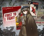  1girl aiguillette animal_ear_fluff animal_ears artist_name belt black_hat braid brick_wall brown_belt brown_coat brown_gloves brown_hair brown_hat brown_jacket buttons chipped_paint closed_mouth coat coat_on_shoulders collared_coat collared_jacket commentary contrast_collar cross gloves hand_up hat highres jacket long_sleeves looking_at_viewer looking_to_the_side maltese_cross military military_dress_uniform military_hat military_jacket military_uniform multicolored_hat original peaked_cap pocket poland polish_army polish_flag polish_text poster_(object) propaganda red_eyes rogatywka salute scar scar_across_eye scar_on_face solo star_(symbol) two-finger_salute untranslatable_commentary upper_body weimar_29 world_war_ii 