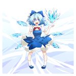  :d blue_bow blue_dress blue_eyes blue_hair bow cirno commentary_request dress full_body hair_bow hand_on_hip ice ice_wings kikuichi_monji looking_at_viewer mary_janes open_mouth pigeon-toed puffy_short_sleeves puffy_sleeves shoes short_hair short_sleeves smile solo touhou wing_collar wings 