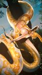 4k 9:16 abs absurd_res aiming aiming_bow albino apode archer athletic blonde_hair bow_(weapon) character_bio clothed clothing coiling draconcopode elasid female gloves hair handwear hanging_from_branch hanging_upside_down hi_res hybrid lamia legless long_tail midriff muscular navel piper_(elasid) plant ponytail python ranged_weapon rappelling reptile scales scalie scaly_tail serpentine snake solo split_form tail taut toned_body toned_female tree upside_down weapon yellow_tail