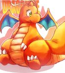 1_horn antennae_(anatomy) anthro belly blush blush_lines claws dragon dragonite feet felipotyphlosion female female_anthro generation_1_pokemon green_eyes hi_res horn male membrane_(anatomy) membranous_wings mythological_creature mythological_scalie mythology nintendo orange_body orange_wings pokemon pokemon_(species) scalie simple_background slightly_chubby slightly_chubby_anthro slightly_chubby_female solo tail tan_body text thick_tail thick_thighs white_background wings