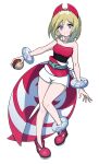  1girl absurdres blonde_hair blue_eyes breasts full_body hairband highres hinoaki5 holding holding_poke_ball irida_(pokemon) looking_at_viewer poke_ball pokemon pokemon_legends:_arceus red_hairband red_shoes shirt shoes shorts small_breasts smile standing standing_on_one_leg strapless strapless_shirt waist_cape white_background white_shorts 