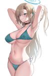  1girl absurdres alternate_costume armpits arms_behind_head arms_up asuna_(blue_archive) bikini black_choker blonde_hair blue_archive blue_bikini blue_eyes blue_halo breasts choker cleavage commentary_request cowboy_shot grin hair_lift hair_ribbon halo highres large_breasts long_hair looking_ahead loveqilaikui mole mole_on_breast navel revision ribbon side-tie_bikini_bottom sideboob simple_background smile solo stomach swimsuit underboob white_background 