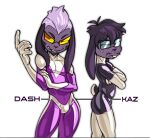 annoyed anthro bodysuit buckteeth bulge clothing dash_(owy) duo ears_down evil_grin eyewear facial_hair fur glasses glistening glistening_latex glistening_thighs goatee hair kaz_(owy) lagomorph latex latex_bodysuit latex_clothing latex_skinsuit leporid long_ears looking_at_another looking_at_partner looking_at_viewer male mammal orange_eyewear orange_glasses owy pink_hair pivoted_ears purple_body purple_fur purple_hair rabbit raised_arm scut_tail short_tail simple_background skinsuit smile smiling_at_viewer tail teeth text tight_clothing white_background