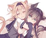  :3 ^_^ animal_ears bad_id bad_twitter_id black_gloves blush cat_ears cat_tail cis_(carcharias) closed_eyes closed_mouth corset elbow_gloves gloves hair_between_eyes hatsuzuki_(kantai_collection) headband headset hug kantai_collection kemonomimi_mode long_hair multiple_girls puffy_short_sleeves puffy_sleeves sailor_collar school_uniform serafuku shirt short_sleeves smile tail teruzuki_(kantai_collection) upper_body white_shirt 