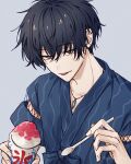  18trip 1boy arm_cutout black_hair closed_mouth clothing_cutout commentary food grey_background grey_eyes hair_between_eyes highres holding holding_shaved_ice holding_spoon japanese_clothes kimono looking_at_viewer male_focus mole mole_under_eye multiple_moles murakumo_ten shaved_ice short_hair simple_background smile solo spoon tongue tongue_out untranslatable_commentary upper_body yukata yukiomi_frog 