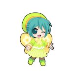  1girl ;d a-pose aqua_eyes aqua_hair beret black_outline blush boots bow bowtie brown_pantyhose buttons chibi chibi_only double-breasted full_body game_asset green_boots green_hat green_jacket green_skirt hat hatsune_miku hatsune_miku_graphy_collection jacket looking_at_viewer one_eye_closed open_mouth outline pantyhose short_hair skirt smile solo standing striped_clothes striped_skirt transparent_background vertical-striped_clothes vertical-striped_skirt vocaloid wings yellow_bow yellow_bowtie yellow_wings 