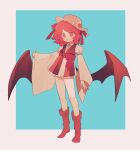  1girl blush boots bow bright_pupils brown_boots brown_hat character_request commentary_request commission copyright_request demon_wings full_body hat hat_bow highres long_sleeves medium_hair oishiitigo open_mouth red_eyes red_hair simple_background skeb_commission smile solo standing white_bow white_pupils wings 