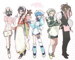 5boys apron bandage_on_knee black_hair black_jacket black_pants black_shorts black_vest blonde_hair blue_hair blue_jacket boots brown_hair chest_harness clear_(dramatical_murder) clipboard closed_mouth commentary crossed_arms dramatical_murder duster english_commentary eyebrow_piercing face_piercing full_body gas_mask gloves hair_between_eyes hand_up harness headphones headphones_around_neck heart highres holding holding_clipboard holding_duster holding_needle holding_tray jacket japanese_clothes jersey_maid kimono koujaku leg_warmers long_hair looking_at_viewer m_arijuan_a maid maid_apron maid_headdress male_focus mask mink_(dramatical_murder) multiple_boys needle noiz_(dramatical_murder) obi open_mouth pants piercing pink_apron pinstripe_pattern pinstripe_shirt ponytail red_eyes sandals sash seragaki_aoba shirt shorts side_ponytail simple_background single_handcuff sleeves_rolled_up smile tray unconventional_maid vest waistcoat white_background white_boots white_gloves white_hair white_leg_warmers white_shirt wide_sleeves yellow_eyes 
