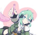  1girl aqua_eyes aqua_hair armored_leotard artist_name asagi501 belt belt_pouch black_belt black_gloves black_leotard black_trim breasts breasts_apart cat_teaser closed_mouth commentary_request cropped_jacket double-parted_bangs fingerless_gloves gloves green_jacket hair_between_eyes hair_ornament hairclip head_on_hand heart heart_background highres holding holding_cat_teaser jacket leotard looking_at_viewer lying medium_breasts medium_hair messy_hair midriff multicolored_jacket multicolored_leotard on_stomach open_clothes open_jacket pink_background playing_with_animal pouch scarf sinon smile solo split_mouth sword_art_online tassets twitter_username two-tone_jacket two-tone_leotard variant_set watermark white_background white_jacket white_leotard white_scarf 