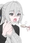  1girl 1other absurdres bikeibikei black_vest breasts bronya_zaychik bronya_zaychik_(outstanding_attitude) bronya_zaychik_(silverwing:_n-ex) commentary_request earrings feeding grey_eyes grey_hair grey_sweater highres holding holding_spoon honkai_(series) honkai_impact_3rd jewelry korean_commentary large_breasts long_hair mask mask_pull mouth_mask official_alternate_costume open_mouth simple_background spoon sweater very_long_hair vest white_background 