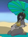anthro big_breasts bikini breasts clothing domestic_cat felid feline felis female fur grey_body grey_fur heart_fur_pattern hi_res mammal markings mole_(marking) pregnant pregnant_female solo spongefucker69 suvrock swimwear tail tail_motion tailwag two-piece_swimsuit white_body white_fur