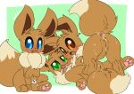 after_kiss anus balls bedroom_eyes blue_eyes blush bodily_fluids brown_body brown_eyes brown_fur brown_nose chastity_cage chastity_device claws eevee embarrassed fangs female female/female feral fur generation_1_pokemon genital_fluids genitals green_eyes group hi_res humanoid_genitalia humanoid_genitalia_on_feral looking_at_viewer looking_away male mane miyedsam narrowed_eyes nintendo pawpads paws penis pink_nose pink_pawpads pinned pokemon pokemon_(species) precum saliva saliva_string seductive smug sweat sweatdrop tail_anus tan_body tan_fur teeth trio vaginal_fluids vulva