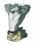 accessory anthro athletic athletic_anthro athletic_male barazoku belt biped blue_body blue_eyes blue_skin bottomwear clothed clothing colored digital_drawing_(artwork) digital_media_(artwork) dragon green_body green_bottomwear green_clothing green_pants green_skin halybs hands_behind_head horn lean_anthro lean_male leaning light_theme looking_at_viewer looking_back looking_back_at_viewer male military military_pants mouth_closed multicolored_body multicolored_skin muscular muscular_anthro muscular_male mythological_creature mythological_scalie mythology neckwear pants pants_only pecs reptile scalie shirtless simple_background sketch smile solo spiked_arms spiked_head spiked_tail spikes spikes_(anatomy) standing tail topless torso_shot two_tone_body two_tone_face two_tone_skin white_background white_horn