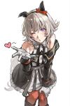  1girl animal_ears bare_shoulders black_boots black_hairband blush boots bow breasts coat curren_chan_(fille_eclair)_(umamusume) curren_chan_(umamusume) dress ear_bow ear_covers gloves grey_hair hairband heart highres horse_ears horse_girl horse_tail leaning_forward long_sleeves looking_at_viewer nohee07 off-shoulder_coat off-shoulder_dress off-shoulder_jacket off_shoulder one_eye_closed parted_lips purple_eyes red_bow red_thighhighs short_hair simple_background solo striped_clothes striped_dress tail thighhighs umamusume vertical-striped_clothes vertical-striped_dress white_background white_gloves 