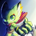  1girl animal_ears black_gloves black_nose black_tank_top carol_tea cat cat_ears cat_girl fingerless_gloves fingernails freedom_planet freedom_planet_2 furry furry_female gloves green_eyes green_fur highres red_scarf ronmoradraws scarf sharp_fingernails striped_fur tank_top 
