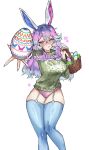  1girl animal_ears basket blue_eyes blue_hair blue_thighhighs blush breasts closed_mouth commentary cottontail_(vtuber) easter_egg egg english_commentary gradient_hair green_sweater hair_between_eyes heterochromia highres indie_virtual_youtuber large_breasts leotard leotard_under_clothes long_hair looking_at_viewer mandradox multicolored_hair pink_hair pink_leotard pink_nails purple_eyes purple_hair rabbit_ears rabbit_girl sweater thighhighs thighs virtual_youtuber white_background 