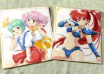  3girls arm_up armor asagiri_youko bikini bikini_armor blue_bikini blue_hair blue_shirt breasts choker cleavage cosplay costume_switch earrings gem genmu_senki_leda green_eyes highres jewelry long_hair mahou_no_princess_minky_momo mahou_no_tenshi_creamy_mami minky_momo morisawa_yuu multiple_girls navel nka_46 open_mouth pauldrons pink_hairbrown_eyes red_eyes red_hair red_skirt ribbon shikishi shirt short_hair shoulder_armor side_ponytail skirt smile stomach swimsuit thighs v vambraces white_shirt yellow_ribbon yellow_skirt 