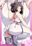  1girl absurdres animal_ear_fluff animal_ears ass azur_lane blush breasts brown_hair china_dress chinese_clothes clothing_cutout commentary dress hair_bun highres looking_at_viewer mutsu_(azur_lane) panties short_hair squatting thigh_strap umyonge_(lkakeu) underwear v yellow_eyes 