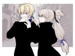  2boys alternate_costume blonde_hair couple fire_emblem fire_emblem_fates grey_hair hair_ribbon high_ponytail highres leo_(fire_emblem_fates) male_focus multiple_boys nknaxs orange_eyes ponytail red_eyes ribbon takumi_(fire_emblem) yaoi 