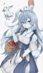 1girl ahoge animal_ear_fluff animal_ears animal_nose apple basket blue_bodice blue_eyes blue_fur blue_hair blush bracelet bug butterfly creature_and_personification dress food fruit furry furry_female gem highres holding holding_basket jewelry korokoro_nekoz long_hair looking_at_viewer necklace off_shoulder open_mouth original personification puffy_short_sleeves puffy_sleeves rabbit rabbit_ears rabbit_girl rabbit_tail red_gem short_sleeves single_floppy_ear snout solo_focus tail very_long_hair white_dress 