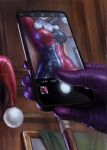  1girl blondynkitezgraja bodysuit bound breasts cellphone cellphone_photo dc_comics gloves harley_quinn hat highres holding latex latex_bodysuit latex_gloves phone picture_frame purple_gloves santa_hat smartphone 