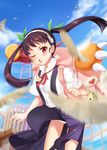  absurdres backpack bag bird black_hair blush fang hachikuji_mayoi hairband highres june_lily long_hair monogatari_(series) motion_blur one_eye_closed panties pantyshot red_eyes school_uniform solo twintails underwear 