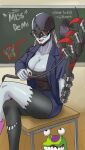  absurdres alternate_costume angewomon asymmetrical_legwear asymmetrical_sleeves blue_jacket blue_skirt bracelet breasts chalk_drawing chalkboard classroom cleavage colored_skin covered_eyes desk digimon digimon_(creature) english_text fallen_angel fangs glasses gloves grey_hair grey_skin helmet helmet_over_eyes highres holding holding_riding_crop jacket jewelry ladydevimon large_breasts long_hair multiple_bracelets ninja_dave numemon on_desk open_clothes open_jacket open_mouth red_eyes riding_crop round_eyewear school_desk single_glove sitting skirt solo_focus stitches torn_clothes torn_sleeve 