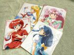  4girls apron belt blonde_hair blue_dress blue_eyes blue_hair blue_skirt braid brown_eyes character_request copyright_request dress fighting_stance green_apron heart heart_hands highres long_hair low-tied_long_hair multiple_girls nka_46 open_mouth pink_eyes pink_hair pink_shirt ponytail ranma_1/2 red_hair red_shirt ribbon saotome_ranma saotome_ranma_(female) school_uniform serafuku shikishi shirt short_sleeves skirt smile tendou_akane white_shirt yellow_ribbon 