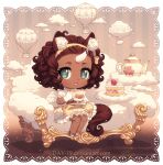  1girl :d aircraft angel_wings animal_ears aqua_eyes blush border brown_hair cake cake_slice chibi chibi_only cloud commentary commission couch cup curly_hair dark-skinned_female dark_skin dav-19 doll doll_joints dress english_commentary food fruit hairband holding holding_cup horse_ears horse_girl horse_tail hot_air_balloon joints lolita_fashion original short_hair sitting smile solo strawberry strawberry_shortcake tail tea teacup teapot transparent_background unicorn_girl unicorn_horn web_address wings yellow_dress yellow_hairband 