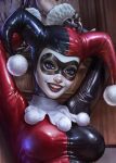  1girl black_bodysuit blondynkitezgraja blue_eyes bodysuit breasts chain dc_comics domino_mask eye_mask facepaint grin harley_quinn hat highres jester jester_cap looking_at_viewer mask realistic red_bodysuit red_lips skin_tight smile solo teeth 