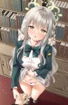  1boy 1girl black_shoes blue_archive blush bow bow_panties braid breasts c.u.wa clothes_lift collared_shirt green_bow green_eyes green_hair green_halo green_jacket hair_bow halo hand_grab highres jacket large_breasts long_hair looking_at_viewer miyo_(blue_archive) navel panties parted_lips revision school_uniform shirt shoes skirt skirt_lift socks underwear white_bow white_panties white_shirt white_skirt white_socks 