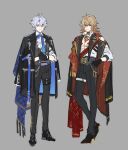  2boys absurdres alternate_costume antenna_hair argyle_clothes ascot black_choker black_gloves black_jacket black_pants black_shoes blonde_hair blue_cape blue_eyes body_markings braid cape choker closed_mouth clothing_cutout collared_shirt commentary corset earrings facial_mark full_body gloves gold_earrings gradient_hair grey_background grey_corset grey_hair hair_between_eyes hand_in_pocket hands_up highres honkai:_star_rail honkai_(series) jacket jewelry lapels long_sleeves looking_at_viewer male_focus medium_hair multicolored_hair multiple_boys mydei_(honkai:_star_rail) open_clothes open_jacket orange_eyes orange_hair pants papajay_(jennygin2) phainon_(honkai:_star_rail) puffy_long_sleeves puffy_sleeves red_cape shirt shoes short_hair shoulder_cutout side_braid simple_background single_bare_shoulder single_braid smile standing thigh_strap untranslatable_commentary v-shaped_eyebrows white_ascot white_shirt wristband 