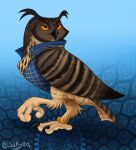 2026 4_toes anisodactyl anthro avian avian_feet beak bird bottomless brown_body brown_feathers chest_tuft claws clothed clothed_anthro clothing digit_ring digital_drawing_(artwork) digital_media_(artwork) enoch_willowperch eurasian_eagle-owl eyebrows feather_markings feathered_wings feathers feet feral fluffy fluffy_chest fluffy_legs full-length_portrait gold_(metal) gold_jewelry hi_res horned_owl jewelry lidded_eyes male markings mole_(marking) mole_under_eye multicolored_body multicolored_feathers neck_tuft one_leg_up orange_eyes orange_sclera owl partially_clothed portrait raised_leg ring sallylla semi-anthro simple_background solo standing story story_in_description stripes tail tail_featers talons tan_body toe_claws toes topwear topwear_only true_owl tuft vest wedding_ring wings