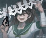  ^_^ ambiguous_red_liquid artist_name bandaged_arm bandages bandaid bandaid_on_face bandaid_on_nose breasts brown_hair closed_eyes contrast_collar covering_one_eye cutting danganronpa:_despair_time green_ribbon green_sailor_collar grey_background grin high_ponytail holding holding_paper_cutout holding_scissors medium_breasts neck_ribbon paper_doll_chain ponytail ribbon sailor_collar school_uniform scissors shaded_face smile teruko_tawaki wcender 
