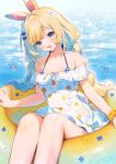  1girl :d animal_ears bikini bikini_under_clothes blonde_hair blue_bikini blue_eyes blush bow braid breasts dress flower hair_bow hair_flower hair_ornament highres indie_virtual_youtuber long_hair medium_breasts on_innertube rabbit_ears sitting smile solo swimsuit twin_braids very_long_hair virtual_youtuber white_dress yenko_(vtuber) yenkoes 