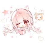  1girl ? ahoge animal animal_ears bare_arms bare_shoulders belt black_belt black_bow black_ribbon black_shoes bow bow_choker bowtie brown_eyes cat cat_ears chibi choker cloak clothed_animal clothing_cutout collarbone drawn_ears ear_covers eyes_visible_through_hair frilled_skirt frills hair_bow hair_ribbon happy heart highres hood hood_up hooded_cloak infinity_nikki layered_skirt light_blush long_hair long_skirt looking_at_viewer loose_hair_strand low_twintails momo_(nikki) nikki_(nikki) nikki_(series) notice_lines one_eye_closed open_mouth paw_print perfect_start_(infinity_nikki) pink_bow pink_bowtie pink_choker pink_hair pink_ribbon pink_skirt print_skirt red_bow red_bowtie ribbon shirt shoes short_sleeves shoulder_cutout simple_background single_stripe skirt smile speech_bubble spoken_question_mark standing striped_choker tareme tress_ribbon twintails v very_long_hair wakada088 wavy_hair whiskers white_background white_cat white_shirt white_skirt yellow_cloak 