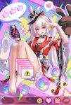  1girl absurdres animal_ears bare_legs bare_shoulders barefoot bell black_choker black_gloves black_hat braid breasts butterfly-shaped_pupils cellphone choker clothing_cutout club_(shape) diamond_(shape) diamond_facial_mark diamond_on_cheek emoji error_message facial_mark frilled_skirt frills full_body gloves grey_hair hat hat_ornament heart heart_facial_mark heart_on_cheek heart_print highres holding holding_phone honkai:_star_rail honkai_(series) laughing long_hair looking_at_viewer mark_under_both_eyes megaphone mini_hat mini_top_hat multicolored_hair open_mouth phone pink_eyes rabbit_ear_headwear rabbit_ears rabbit_hat_ornament red_shirt revision shirt shoulder_cutout single_glove sitting skirt smartphone smile solo sparkle_(honkai:_star_rail) sparxie_(honkai:_star_rail) symbol-shaped_pupils thigh_strap thumbs_up thumbs_up_emoji top_hat twintails v very_long_hair white_hair white_skirt wide_sleeves zekong_pioneer 