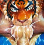 anthro artist_name balls black_body black_eyebrows black_fur black_markings blue_body blue_eyes blue_fur bodily_fluids butt close-up cum cum_drip cum_in_mouth cum_inside cum_on_balls cum_on_butt cum_on_own_balls cum_on_own_butt cum_on_self cum_splatter cum_strand dripping duo eyebrows facial_markings felid fellatio fur genital_fluids genitals glistening glistening_body glistening_fur graphite_(artwork) head_markings hi_res looking_at_viewer male male/male mammal markings mixed_media mrkun multicolored_body multicolored_fur one_fang oral orange_body orange_fur orgasm painting_(artwork) pantherine penile perineum pink_nose sex tan_balls tan_body tan_fur text tiger traditional_media_(artwork) traditional_painting_(artwork) traditional_watercolor_(artwork) watercolor_(artwork) watermark whisker_spots