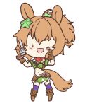  >_o 1girl animal_ears armband bandana bandeau bare_shoulders blush boots breasts brown_boots brown_gloves brown_hair chibi chibi_only colt_single_action_army cowboy_hat gloves green_armband green_bandeau green_skirt gun hair_ornament hat hat_on_back highres holding holding_gun holding_weapon holstered horse_ears horse_girl horse_tail large_breasts long_hair looking_at_viewer midriff navel one_eye_closed open_mouth ponytail purple_thighhighs red_bandana revolver sheriff_badge skirt smile solo star_(symbol) star_hair_ornament taiki_shuttle_(umamusume) taiki_shuttle_(wild_frontier)_(umamusume) tail thighhighs ukichan22905846 umamusume v weapon 
